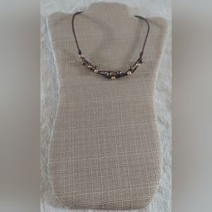 Handmade Peacock & Peach Pearl And Dark Brown Braided Leather Necklace